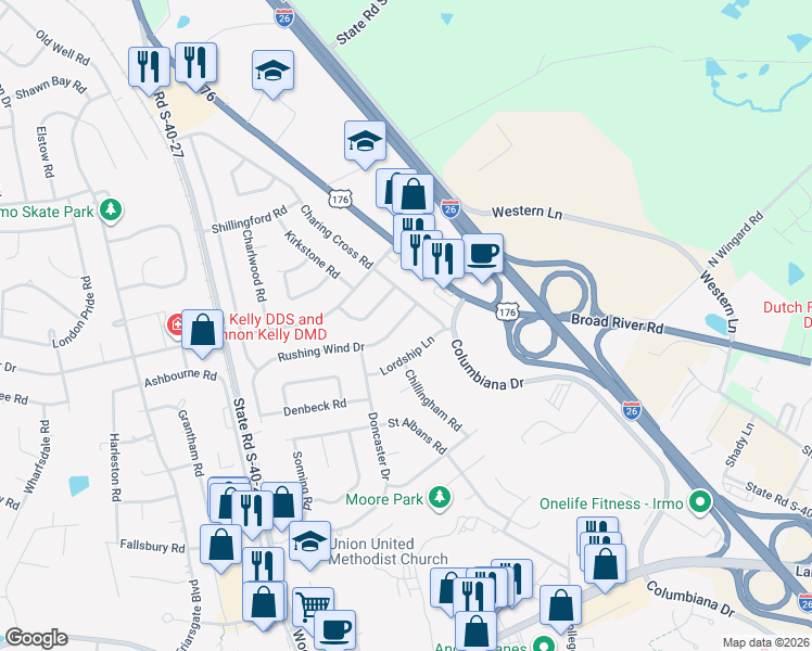map of restaurants, bars, coffee shops, grocery stores, and more near 537 State Road S-40-2602 in Irmo