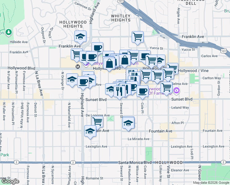 map of restaurants, bars, coffee shops, grocery stores, and more near 1550 Cassil Place in Los Angeles