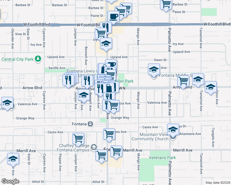 map of restaurants, bars, coffee shops, grocery stores, and more near Wheeler Avenue in Fontana