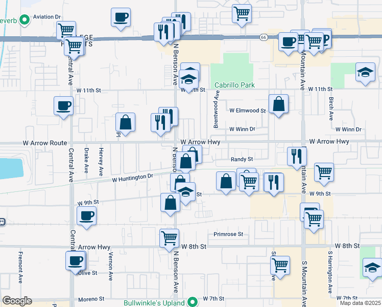 map of restaurants, bars, coffee shops, grocery stores, and more near 428 Corte Verde in Upland