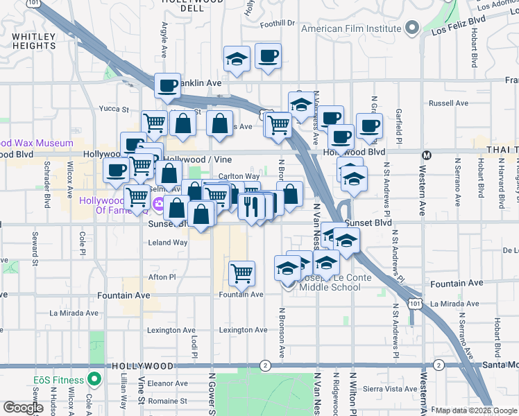 map of restaurants, bars, coffee shops, grocery stores, and more near 1522 Gordon Street in Los Angeles