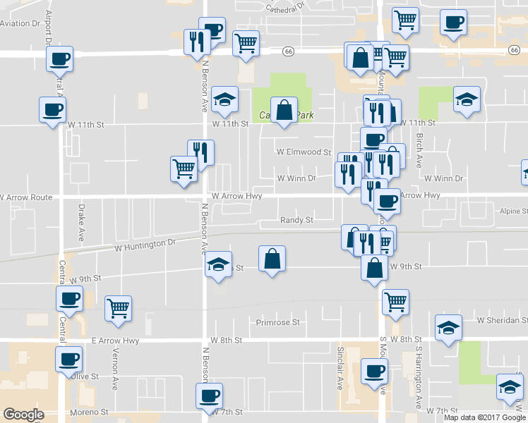 map of restaurants, bars, coffee shops, grocery stores, and more near 1473 Randy Street in Upland
