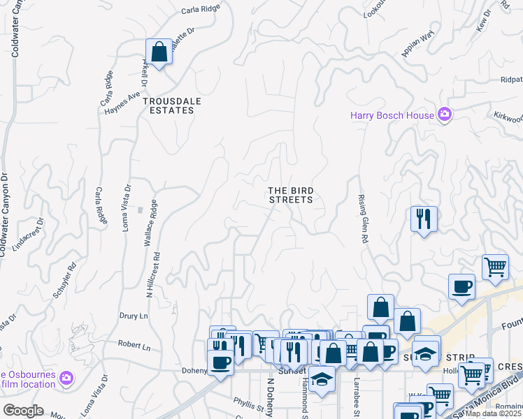 map of restaurants, bars, coffee shops, grocery stores, and more near 9213 Warbler Way in Los Angeles