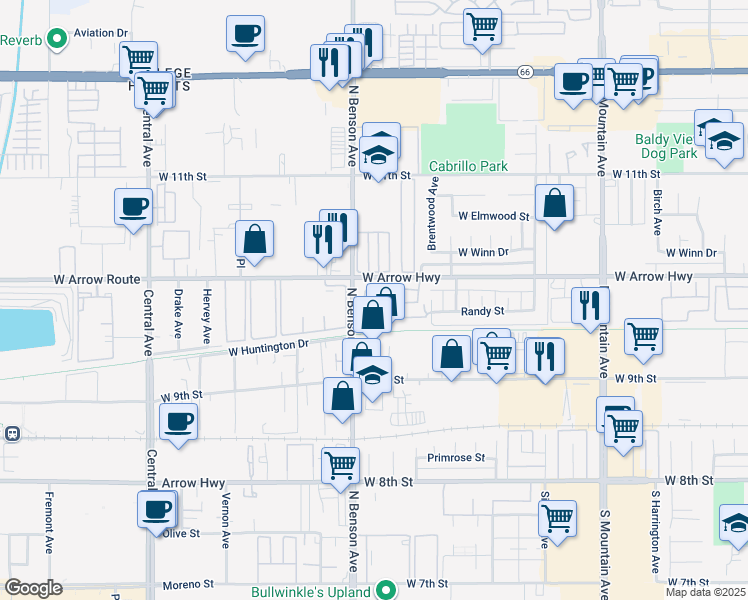 map of restaurants, bars, coffee shops, grocery stores, and more near in Upland