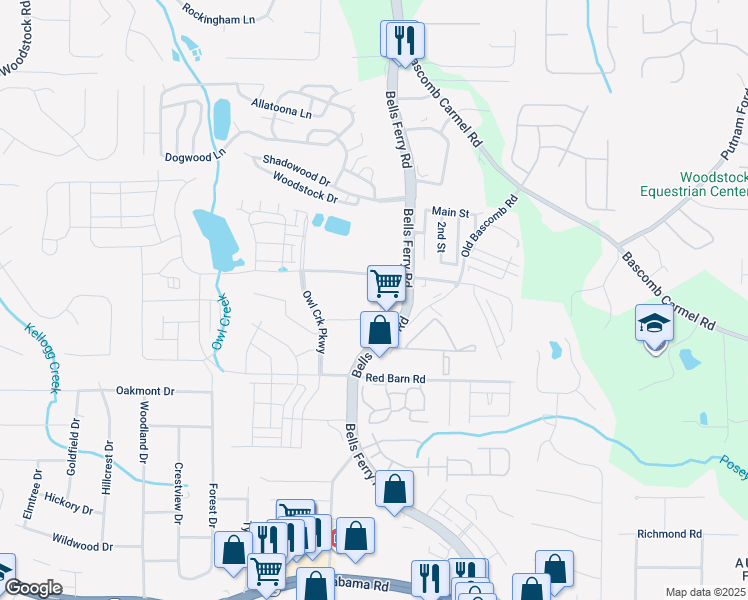map of restaurants, bars, coffee shops, grocery stores, and more near 6235 Bells Ferry Road in Acworth