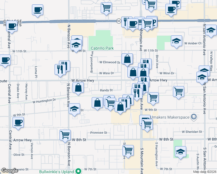 map of restaurants, bars, coffee shops, grocery stores, and more near 434 North Terry Way in Upland