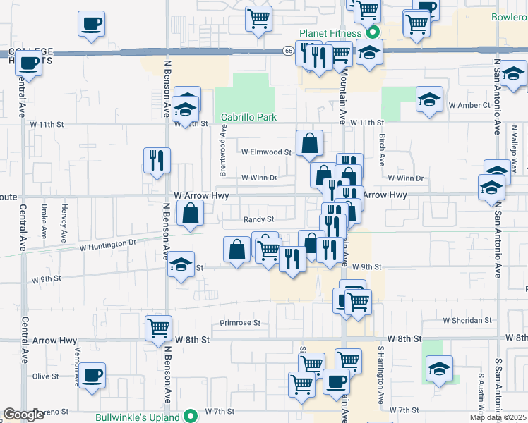 map of restaurants, bars, coffee shops, grocery stores, and more near 434 North Terry Way in Upland