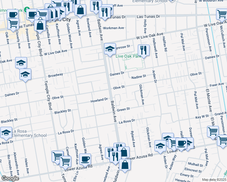 map of restaurants, bars, coffee shops, grocery stores, and more near 5324 Baldwin Avenue in Temple City