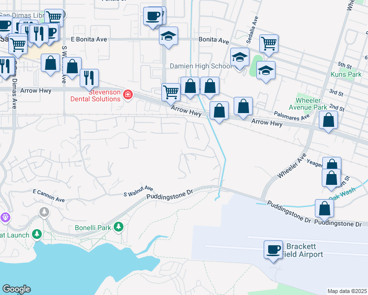map of restaurants, bars, coffee shops, grocery stores, and more near 873 Arbor Circle in La Verne