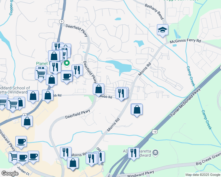 map of restaurants, bars, coffee shops, grocery stores, and more near 3332 Twinrose Place in Alpharetta