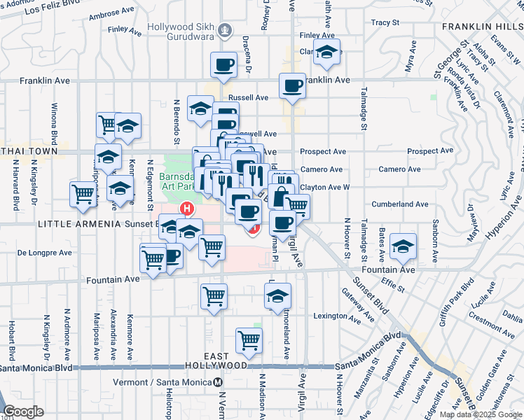 map of restaurants, bars, coffee shops, grocery stores, and more near 1520 Rodney Drive in Los Angeles
