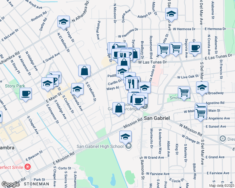 map of restaurants, bars, coffee shops, grocery stores, and more near 259 San Marcos Street in San Gabriel