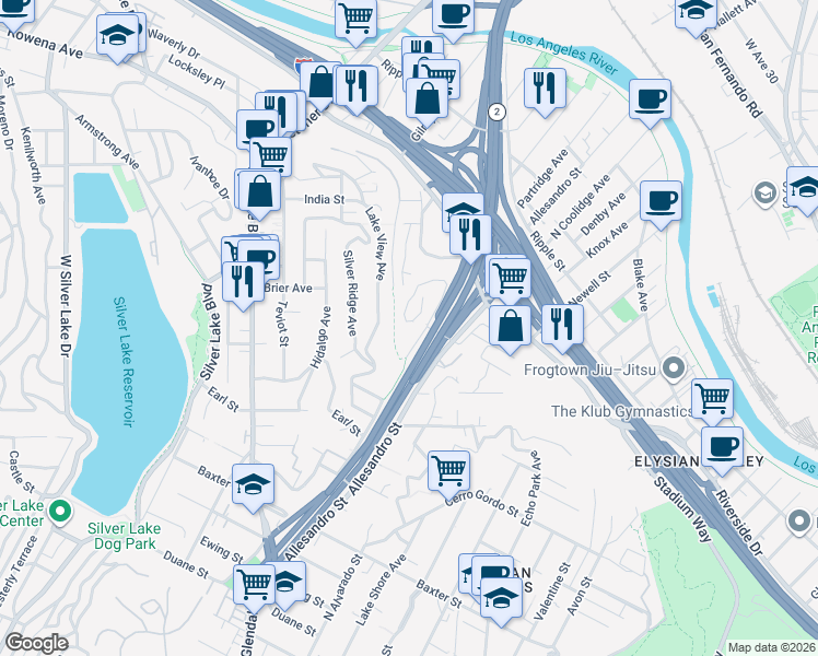 map of restaurants, bars, coffee shops, grocery stores, and more near 2610 Corralitas Drive in Los Angeles