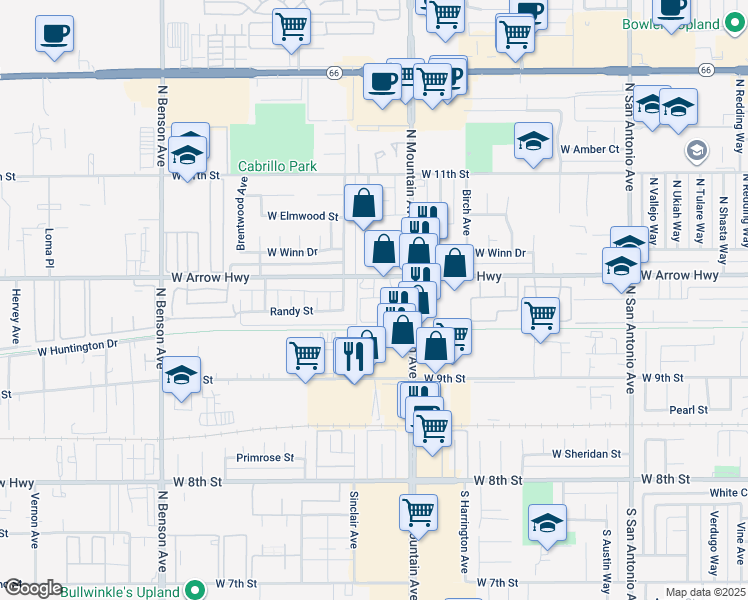 map of restaurants, bars, coffee shops, grocery stores, and more near 1256 West Arrow Highway in Upland