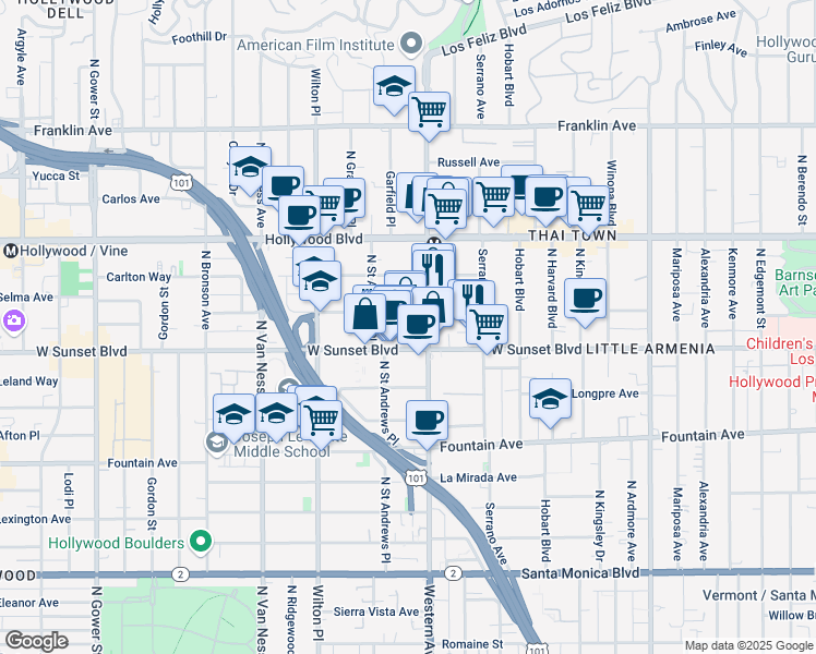 map of restaurants, bars, coffee shops, grocery stores, and more near in Los Angeles