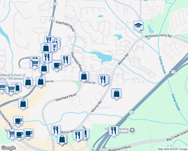 map of restaurants, bars, coffee shops, grocery stores, and more near 3380 New Fawn Lane in Milton