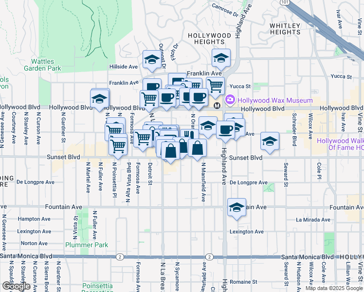 map of restaurants, bars, coffee shops, grocery stores, and more near 7020 Lanewood Avenue in Los Angeles