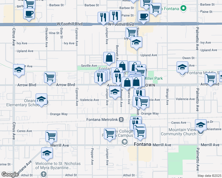 map of restaurants, bars, coffee shops, grocery stores, and more near in Fontana