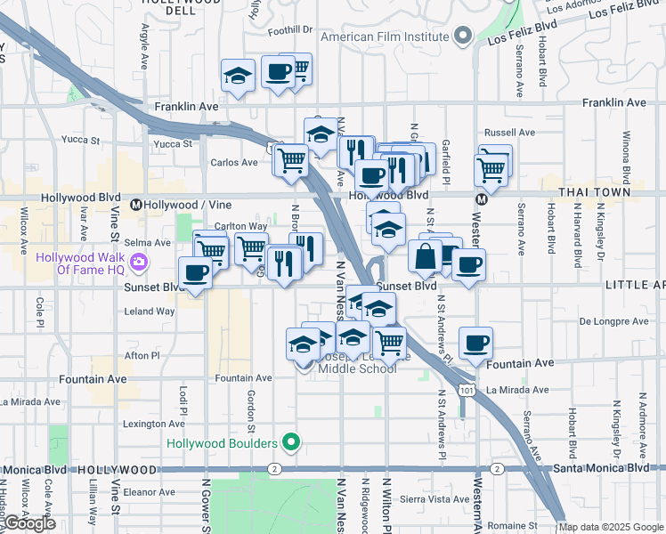 map of restaurants, bars, coffee shops, grocery stores, and more near 5800 Harold Way in Los Angeles