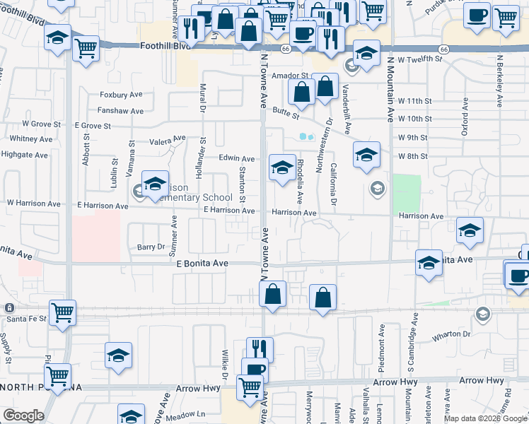map of restaurants, bars, coffee shops, grocery stores, and more near N Towne Ave & Harrison Ave in Pomona