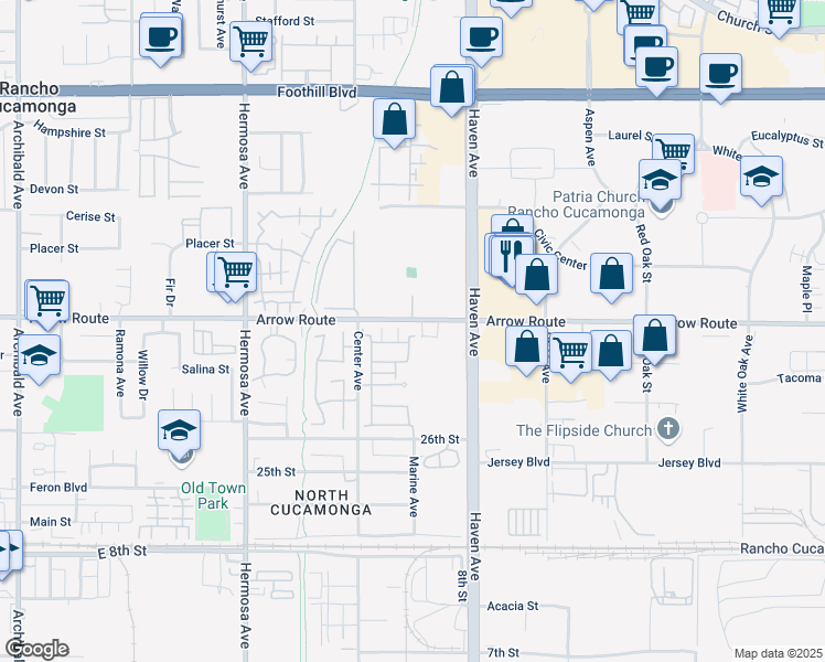 map of restaurants, bars, coffee shops, grocery stores, and more near 10382 Sparkling Drive in Rancho Cucamonga