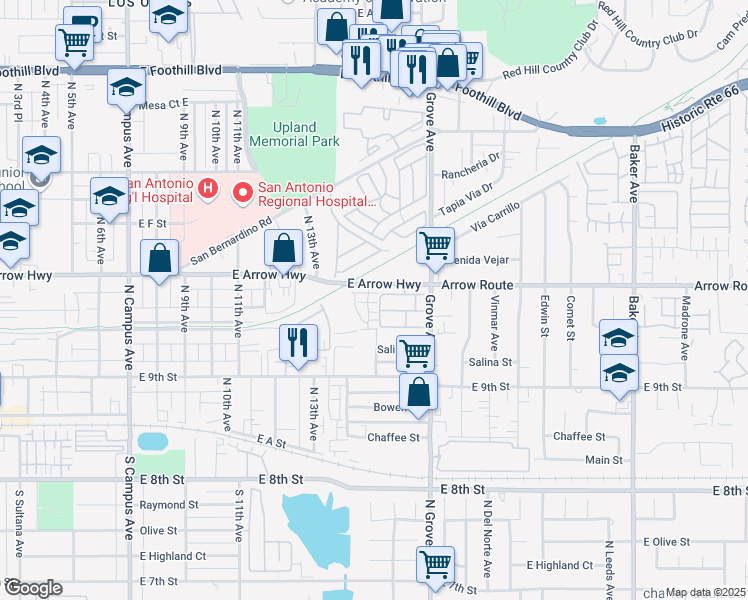 map of restaurants, bars, coffee shops, grocery stores, and more near 470 Meyer Place in Upland