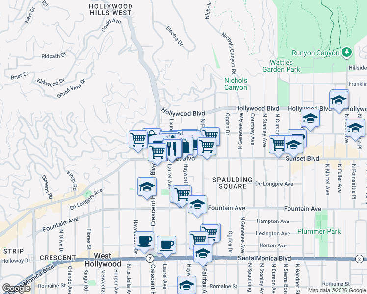 map of restaurants, bars, coffee shops, grocery stores, and more near 1525 Hayworth Avenue in Los Angeles
