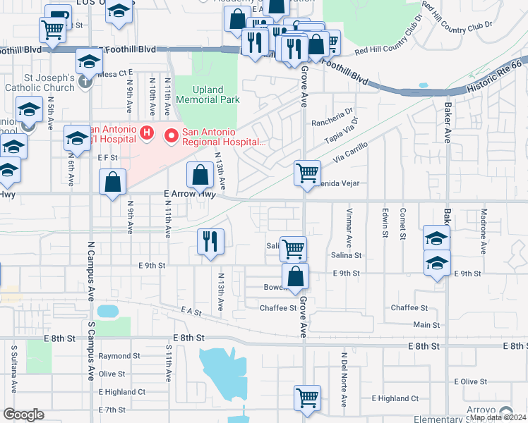 map of restaurants, bars, coffee shops, grocery stores, and more near 470 Meyer Place in Upland
