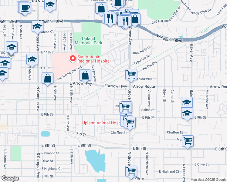 map of restaurants, bars, coffee shops, grocery stores, and more near 466 Meyer Place in Upland