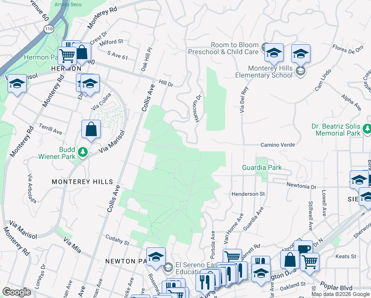 map of restaurants, bars, coffee shops, grocery stores, and more near East Moffatt Street in Los Angeles