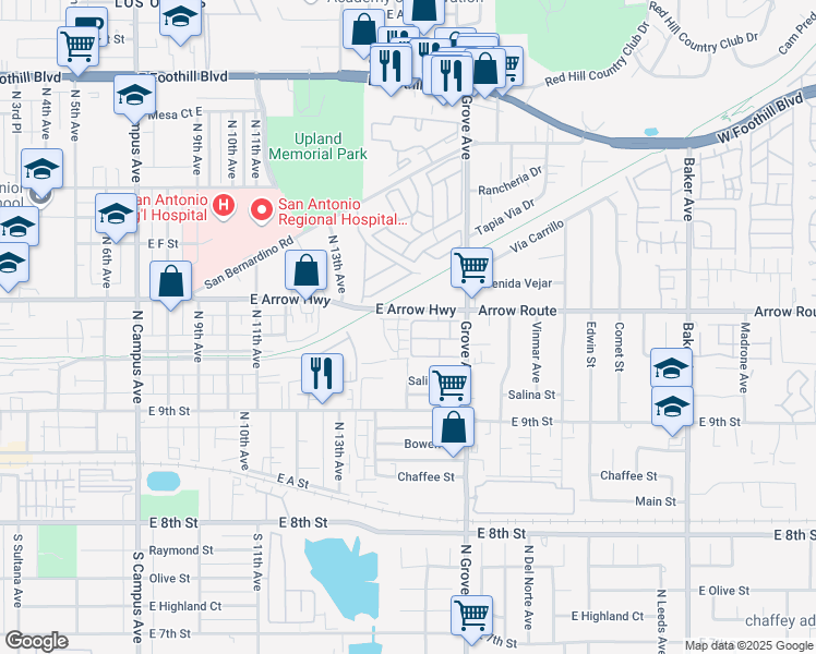 map of restaurants, bars, coffee shops, grocery stores, and more near 466 Meyer Place in Upland