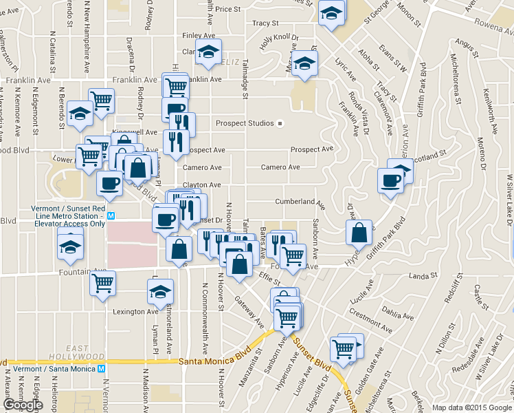 map of restaurants, bars, coffee shops, grocery stores, and more near 4206 Cumberland Avenue in Los Angeles