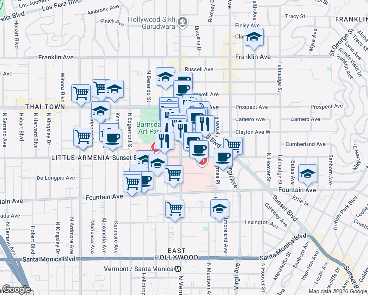 map of restaurants, bars, coffee shops, grocery stores, and more near 1548 North Vermont Avenue in Los Angeles