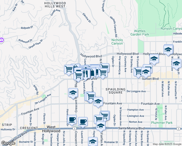 map of restaurants, bars, coffee shops, grocery stores, and more near 1525 North Hayworth Avenue in Los Angeles