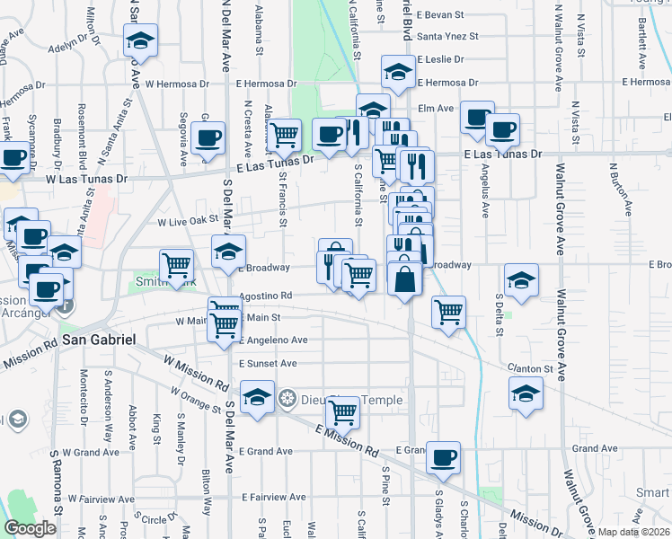 map of restaurants, bars, coffee shops, grocery stores, and more near 420 East Broadway in San Gabriel