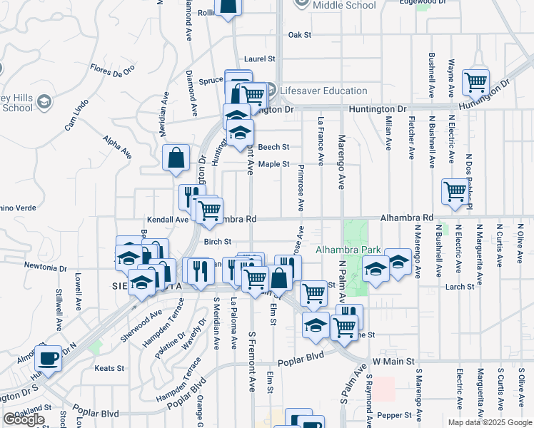 map of restaurants, bars, coffee shops, grocery stores, and more near 1414 Alhambra Road in South Pasadena