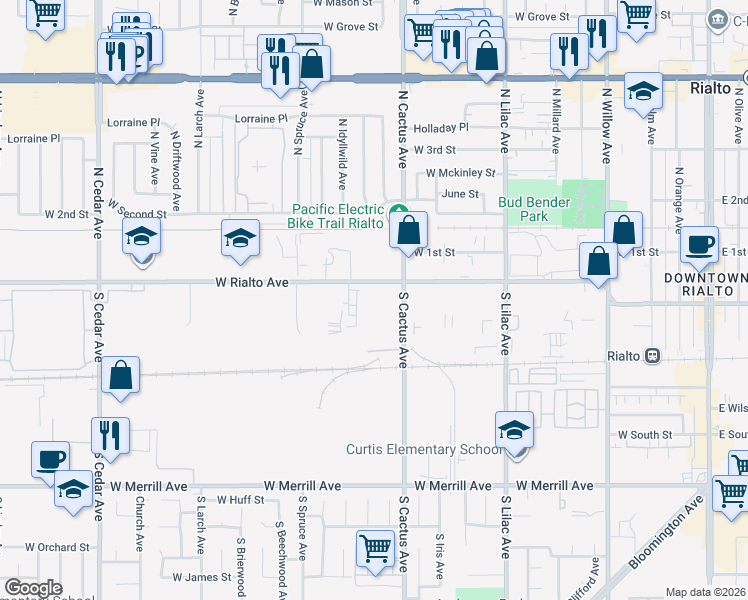 map of restaurants, bars, coffee shops, grocery stores, and more near 785 West Rialto Avenue in Rialto