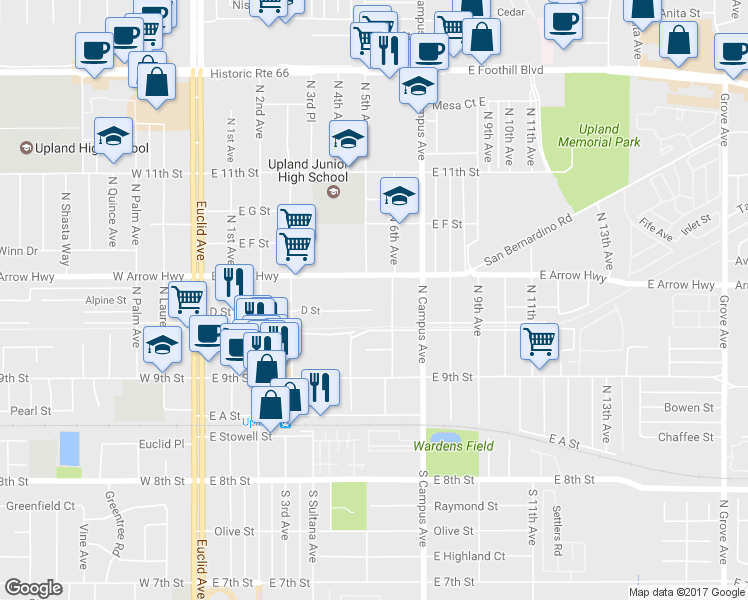 map of restaurants, bars, coffee shops, grocery stores, and more near 555 D Street in Upland