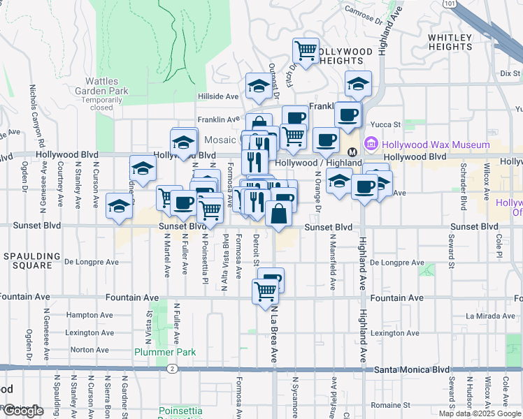 map of restaurants, bars, coffee shops, grocery stores, and more near 7124 Hawthorn Avenue in Los Angeles