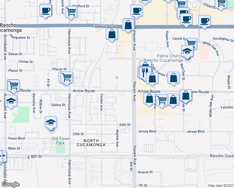 map of restaurants, bars, coffee shops, grocery stores, and more near 10382 Sparkling Drive in Rancho Cucamonga