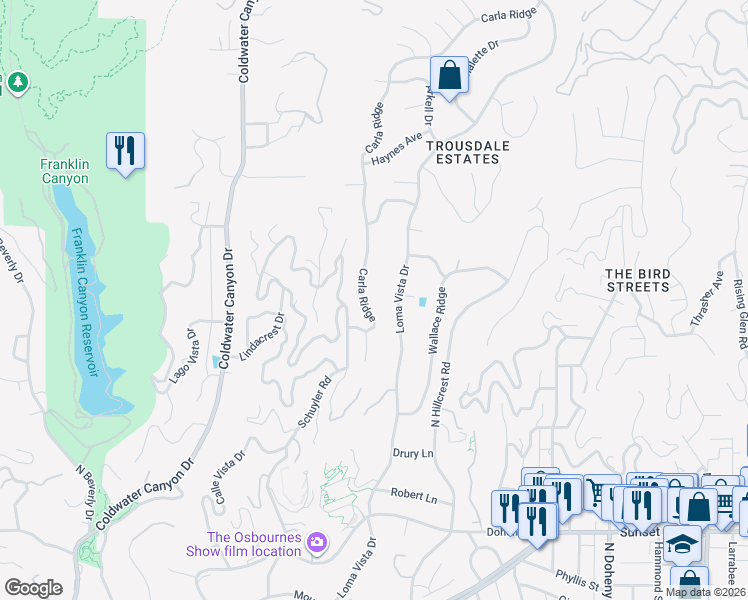 map of restaurants, bars, coffee shops, grocery stores, and more near 1470 Carla Ridge in Beverly Hills
