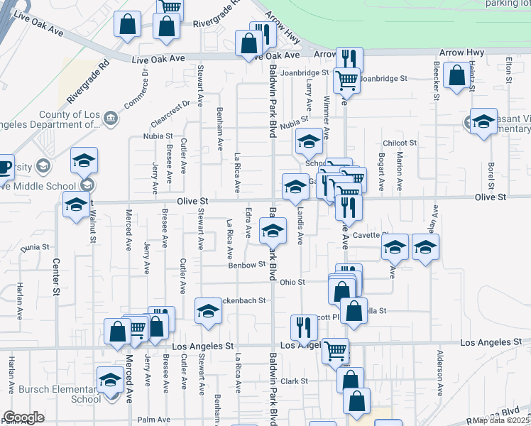 map of restaurants, bars, coffee shops, grocery stores, and more near 4743 Baldwin Park Boulevard in Baldwin Park