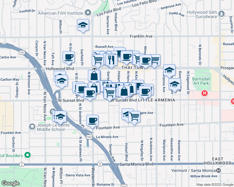 map of restaurants, bars, coffee shops, grocery stores, and more near 1545 North Hobart Boulevard in Los Angeles