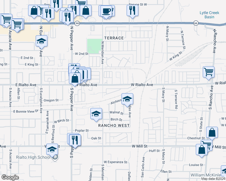 map of restaurants, bars, coffee shops, grocery stores, and more near 2617 West Rialto Avenue in San Bernardino