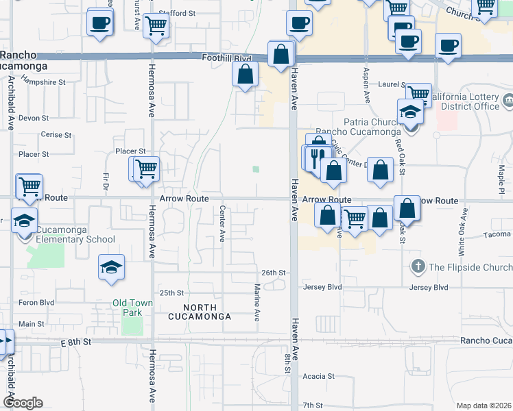 map of restaurants, bars, coffee shops, grocery stores, and more near 10382 Sparkling Drive in Rancho Cucamonga