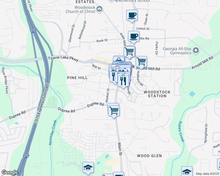 map of restaurants, bars, coffee shops, grocery stores, and more near 8720 Main Street in Woodstock