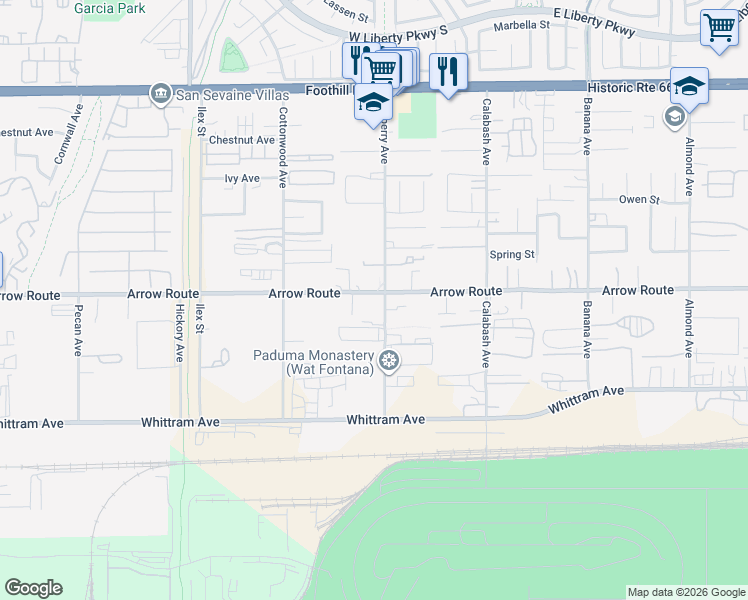 map of restaurants, bars, coffee shops, grocery stores, and more near 13666 Arrow Route in Fontana