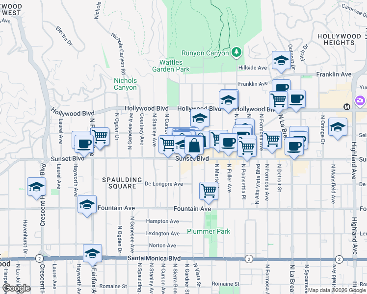 map of restaurants, bars, coffee shops, grocery stores, and more near 1545 North Gardner Street in Los Angeles