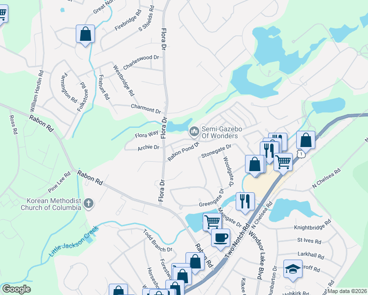 map of restaurants, bars, coffee shops, grocery stores, and more near 1453 Rabon Pond Lane in Columbia