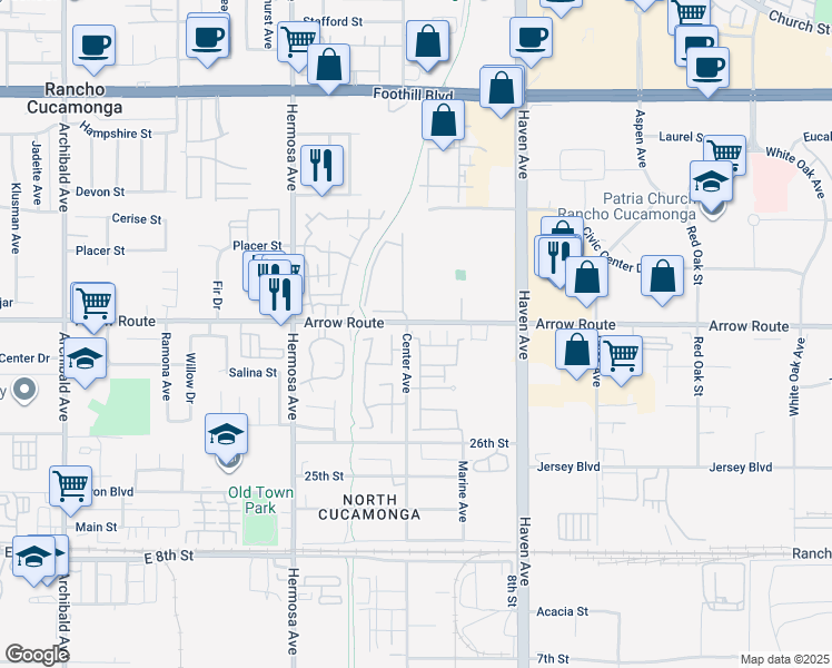 map of restaurants, bars, coffee shops, grocery stores, and more near 10312 Sparkling Drive in Rancho Cucamonga